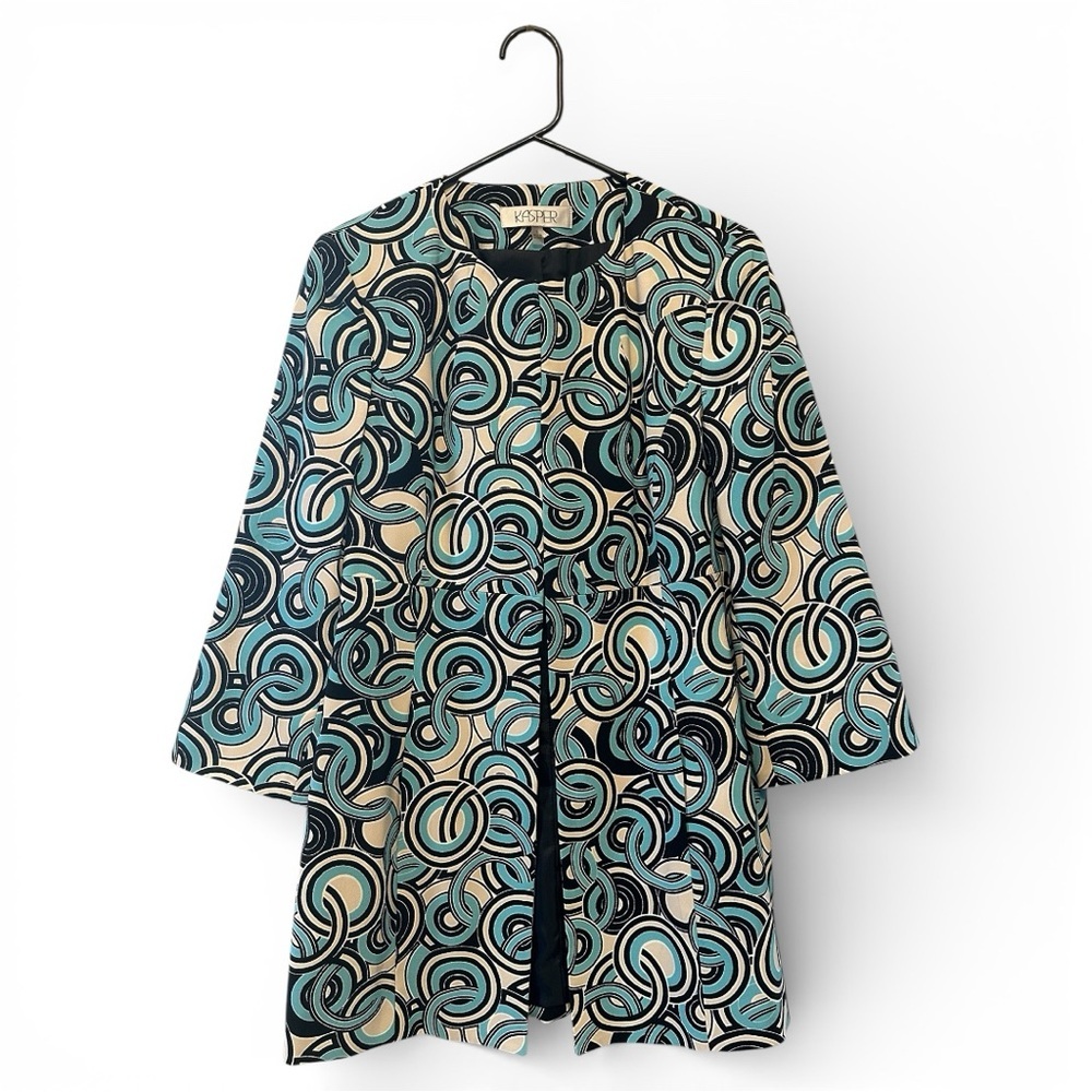 Y2K Retro Print Kasper Black and Blue Patterned Long Blazer/Jacket Size 6
